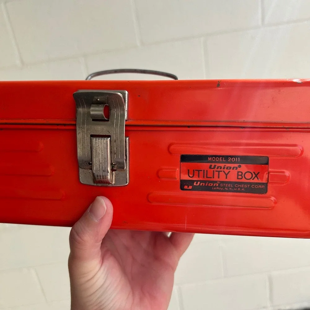 Vintage Bright Orange Union Steel Utility Box Tool Box Metal Tackle Box